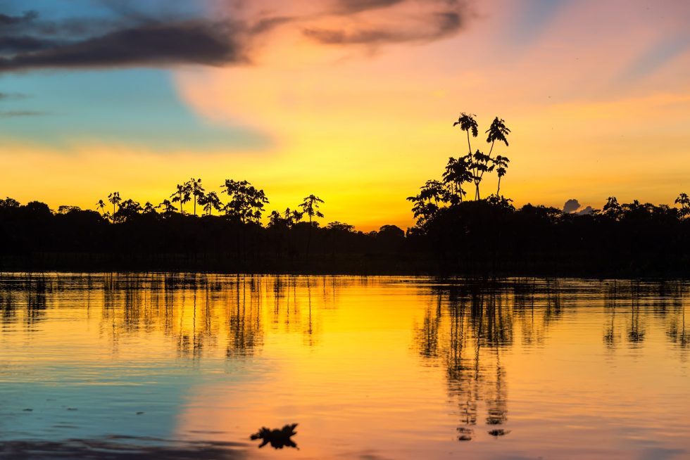 Colorful sunset deep in the Amazon Rainforest in Peru